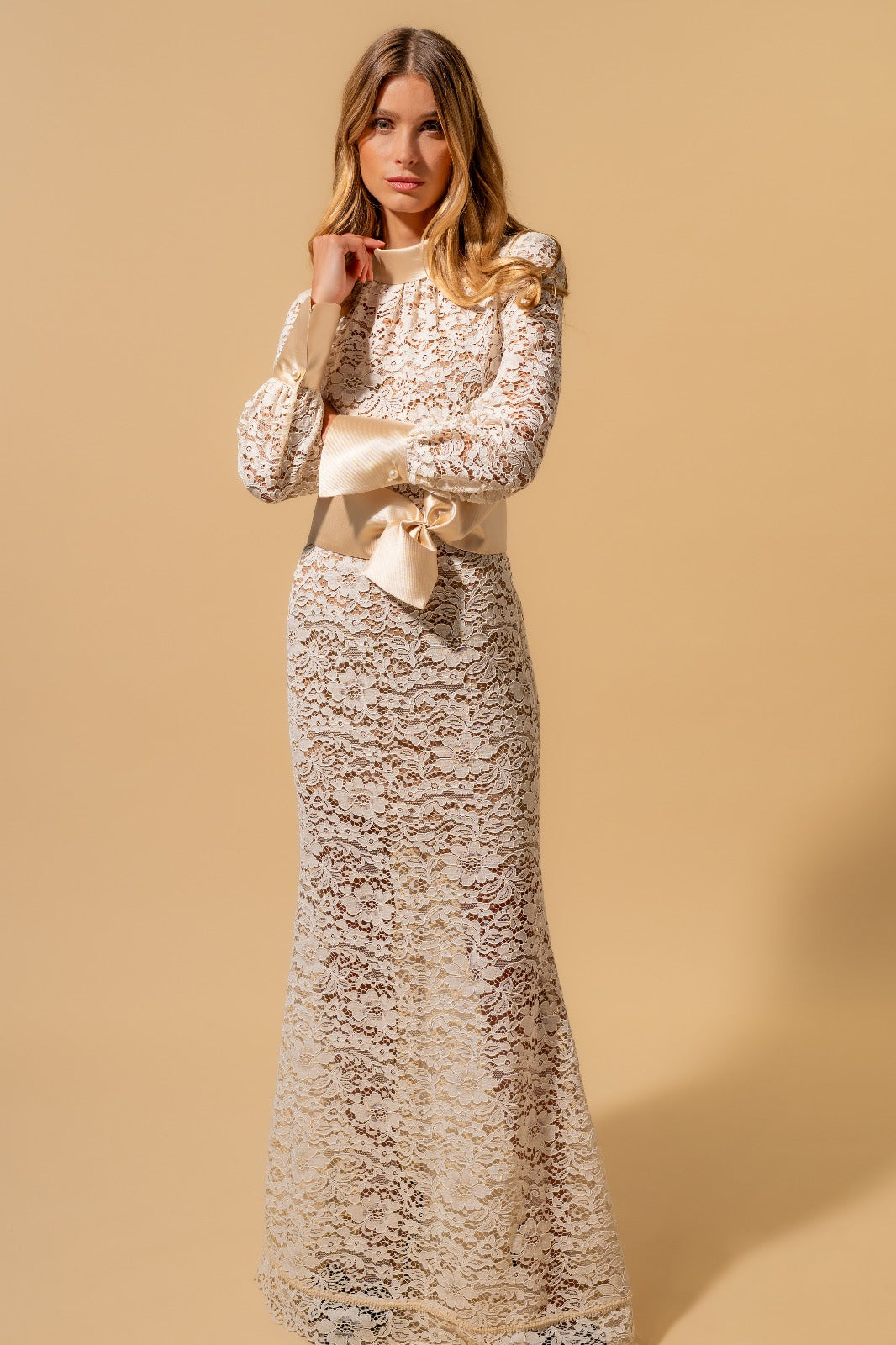 Champagne Lace Maxi Dress with Satin Bow Detail (090401/937)