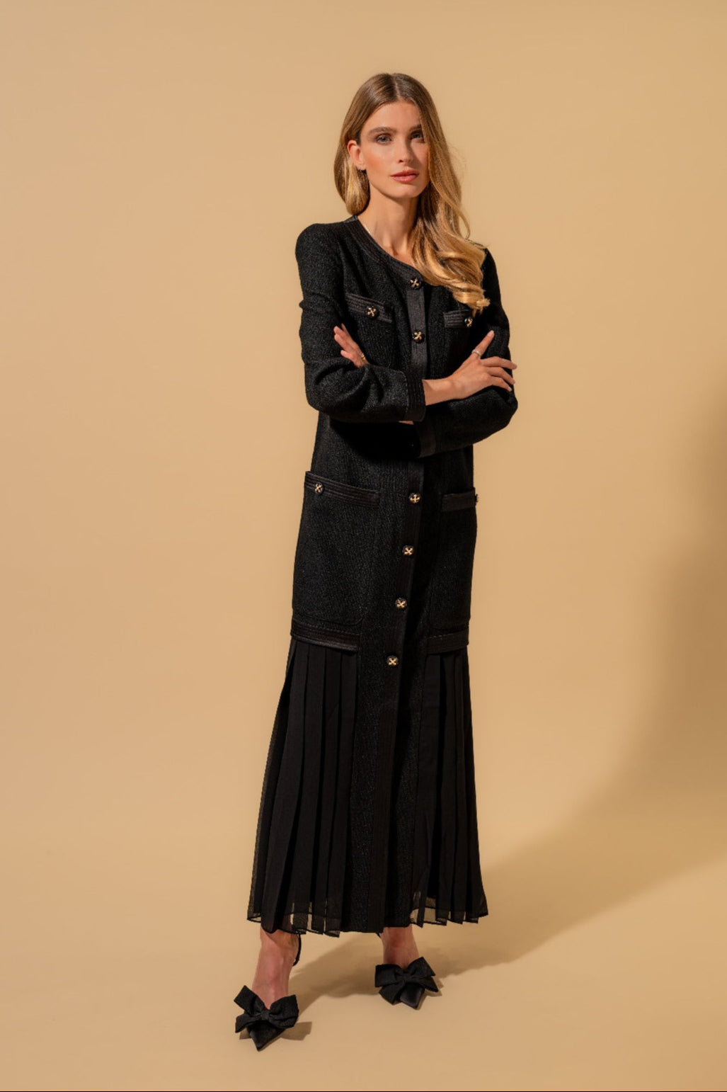 Black Longline Coat with Pleated Hem (090219/934)