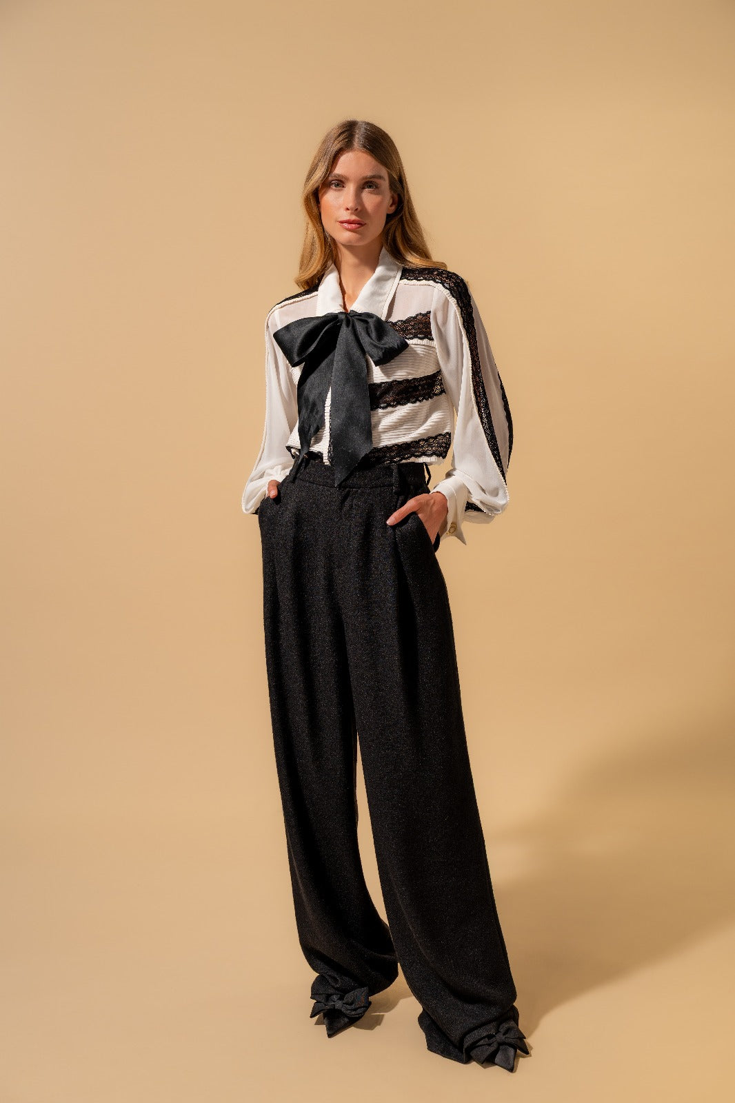 Ivory Blouse with Black Lace Panel Detailing (090614/936)