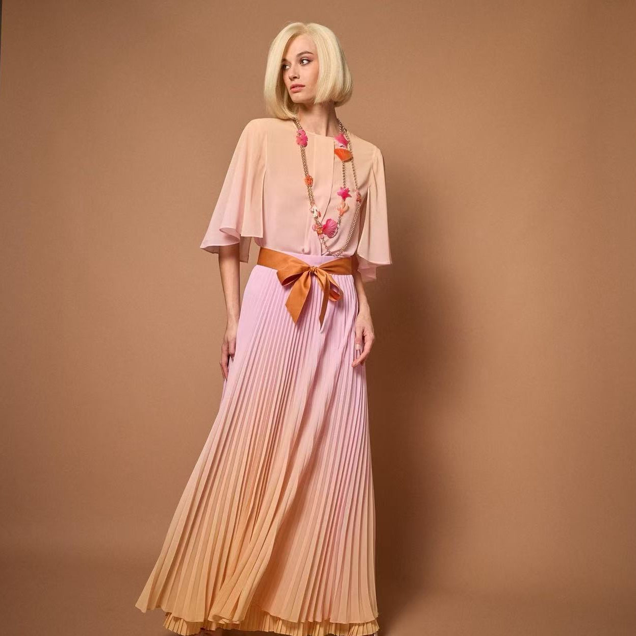 Ombré Silk Chiffon Flutter Sleeve Top