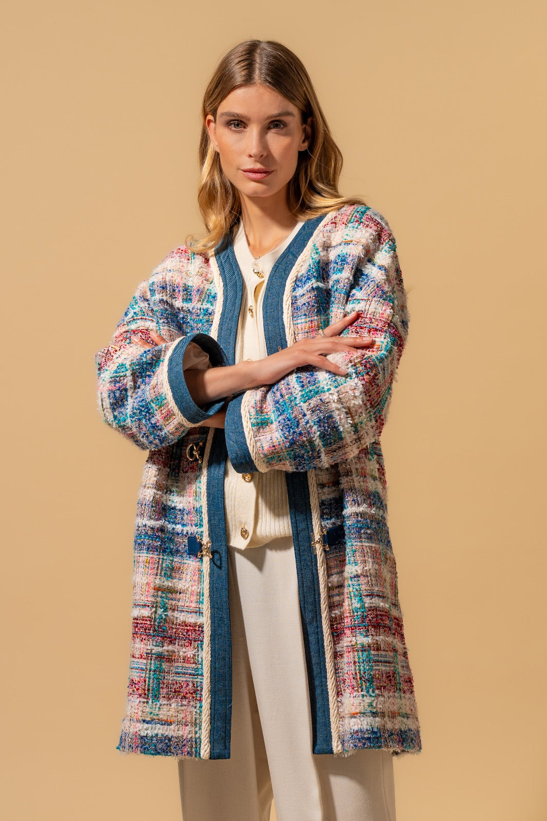 Multicoloured Natté Boxy Coat with Denim Placket With Gold-Lock Buttons (090209/915)